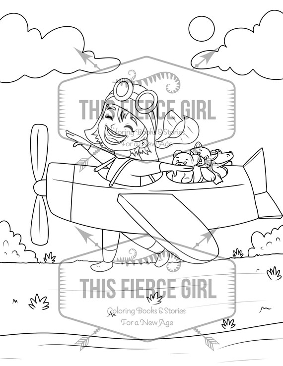 Girl playing pilot digital download coloring page instant download