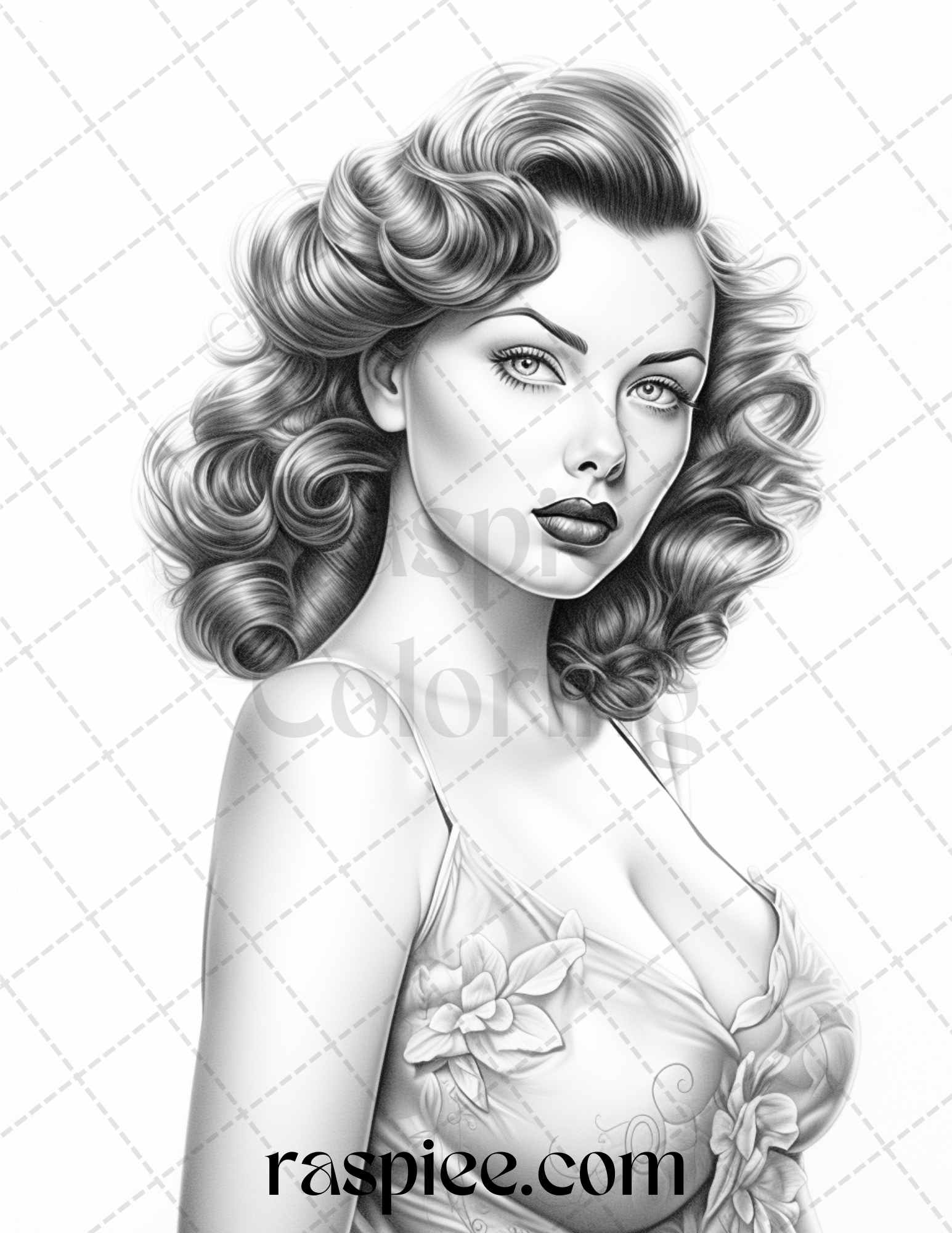 Vintage pin up girls grayscale coloring pages printable for adults â coloring