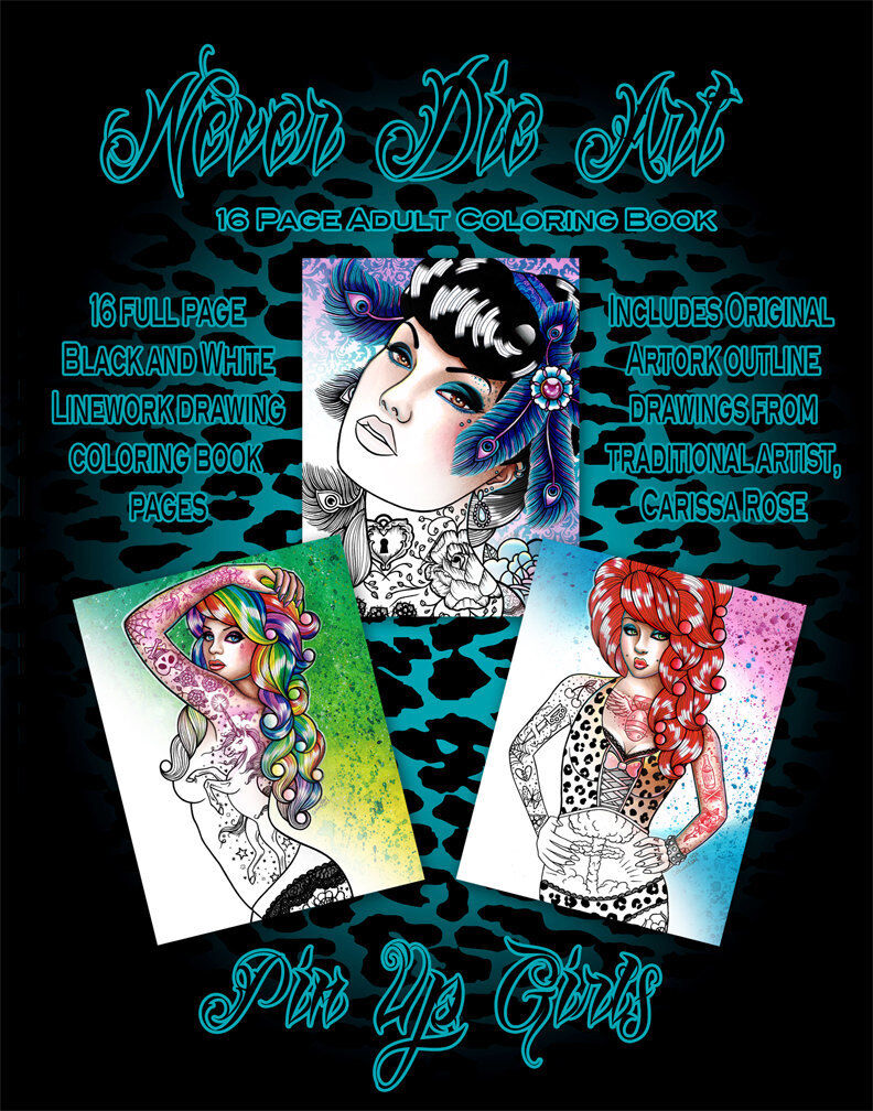 Adult coloring book pin up girl tattoo flash design lineart by rissa rose
