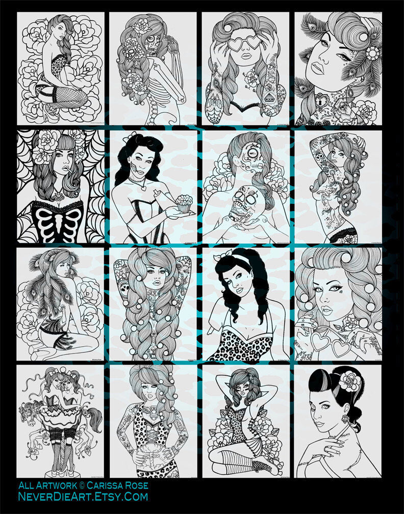 Adult coloring book pin up girl tattoo flash design lineart by carissa rose