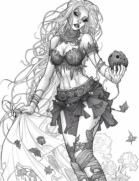 Premium ai image zombie vixen low detail coloring book page of an undead pinup girl
