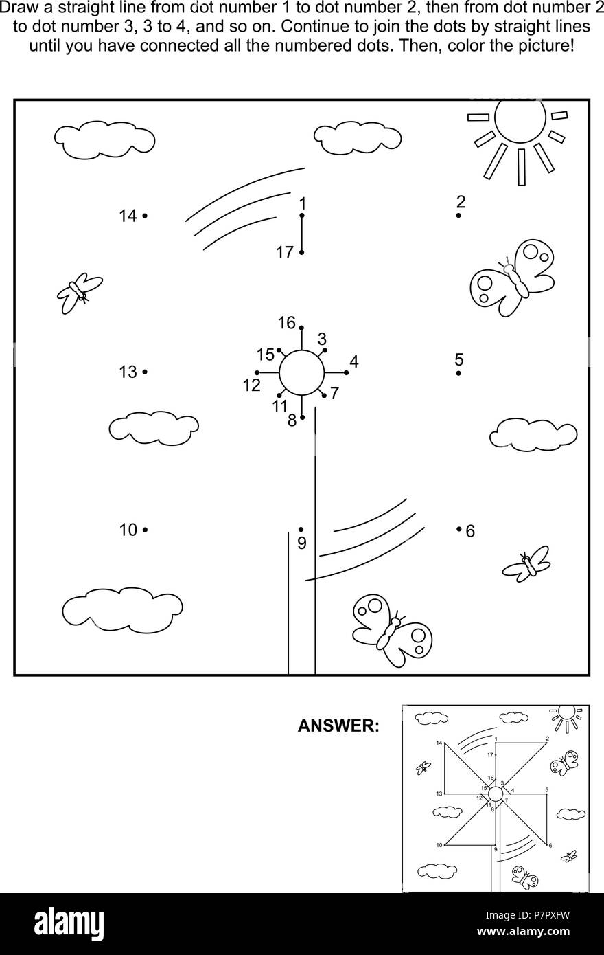 Connect the dots picture puzzle and coloring page with pinwheel answer included stock vector image art
