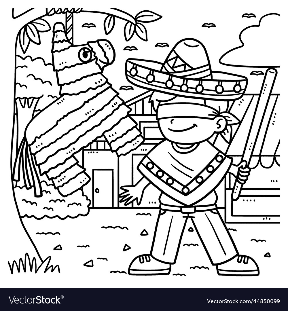 Cinco de mayo boy and pinata coloring page vector image