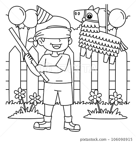 Happy birthday boy with pinata coloring page