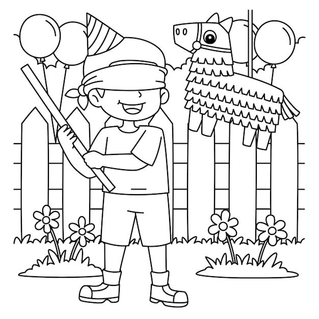 Premium vector a cute and funny coloring page of a happy birthday boy with pinata provides hours of coloring fun for children color this page is very easy suitable for little