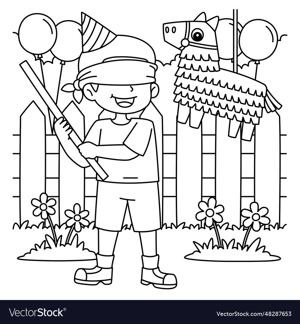 Happy birthday boy with pinata coloring page vector image