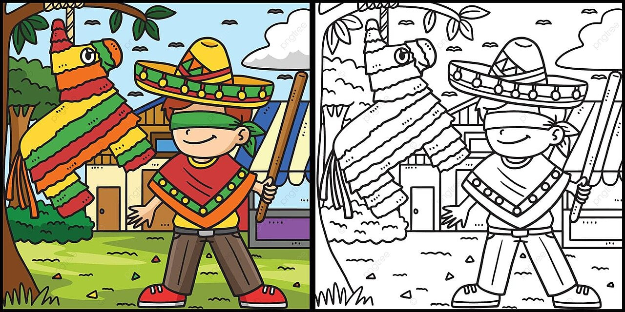 Illustration of a young boy and pinata for cinco de mayo coloring vector fifth of may illustration background png and vector with transparent background for free download