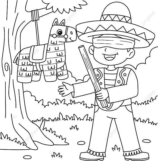 Coloring page of a mexican boy with pinata for cinco de mayo vector spanish background colouring book png and vector with transparent background for free download