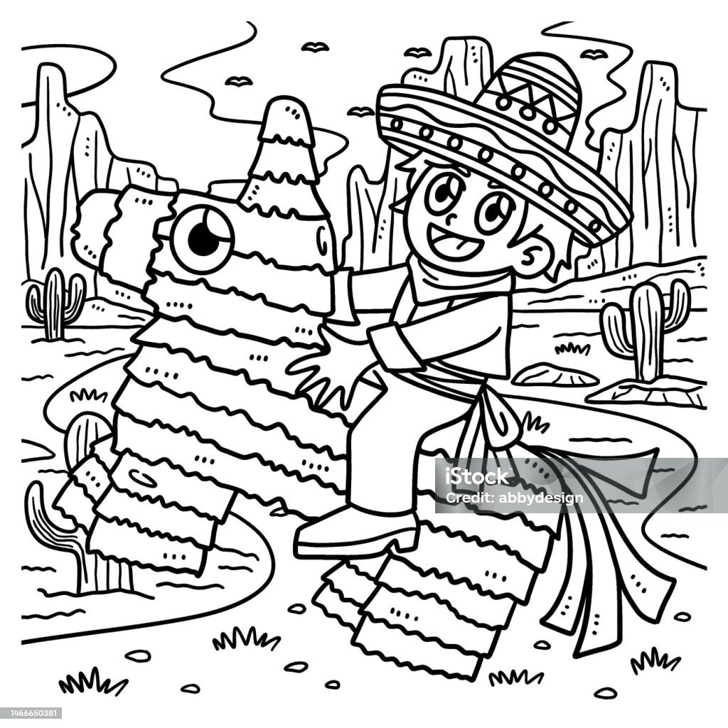 Cinco de mayo child riding pinata coloring page stock illustration