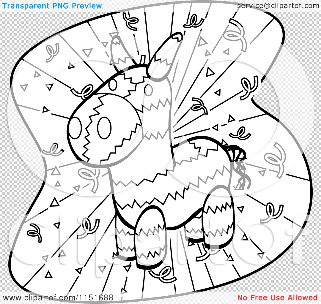Cartoon clipart of a black and white donkey pinata and confetti
