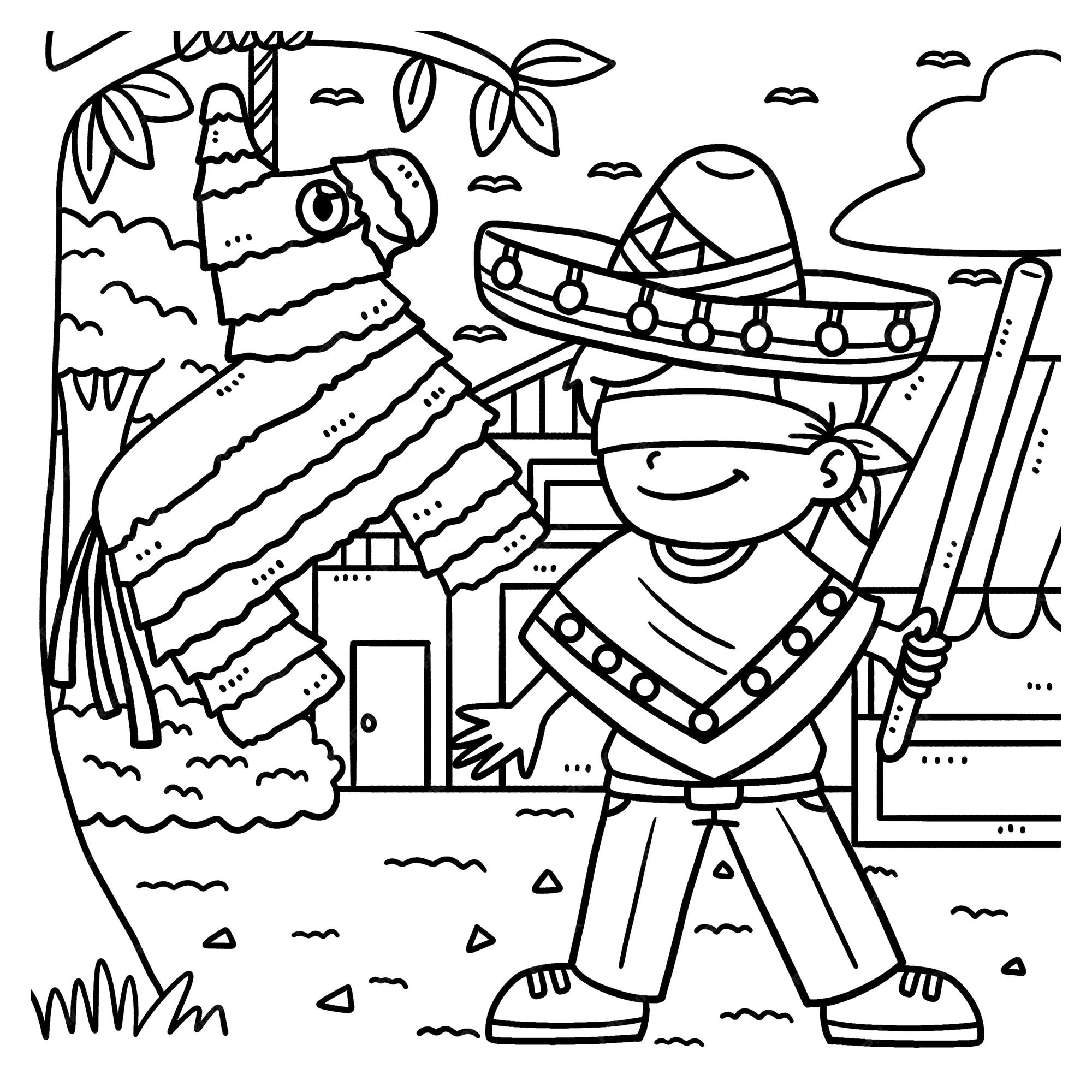 Premium vector cinco de mayo boy and pinata coloring page