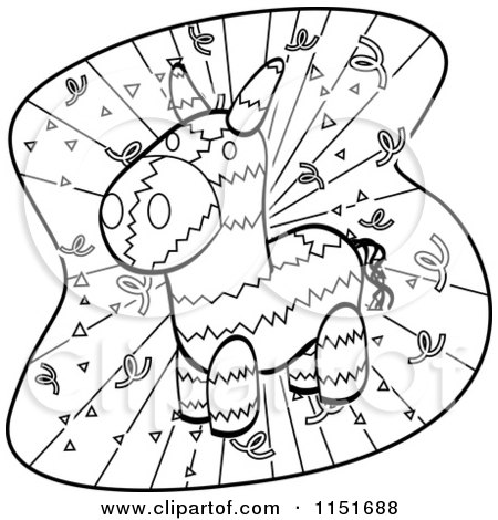 Cartoon clipart of a black and white donkey pinata and confetti