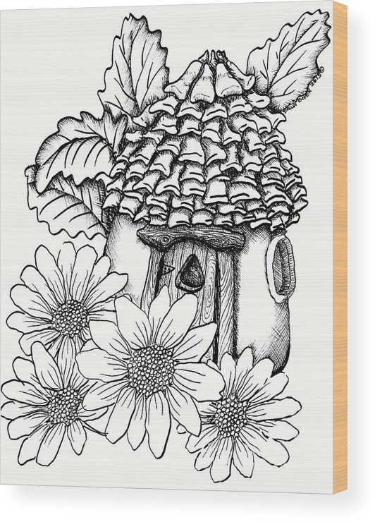 Fairy house with pine cone roof and daisies wood print by dawn boyer