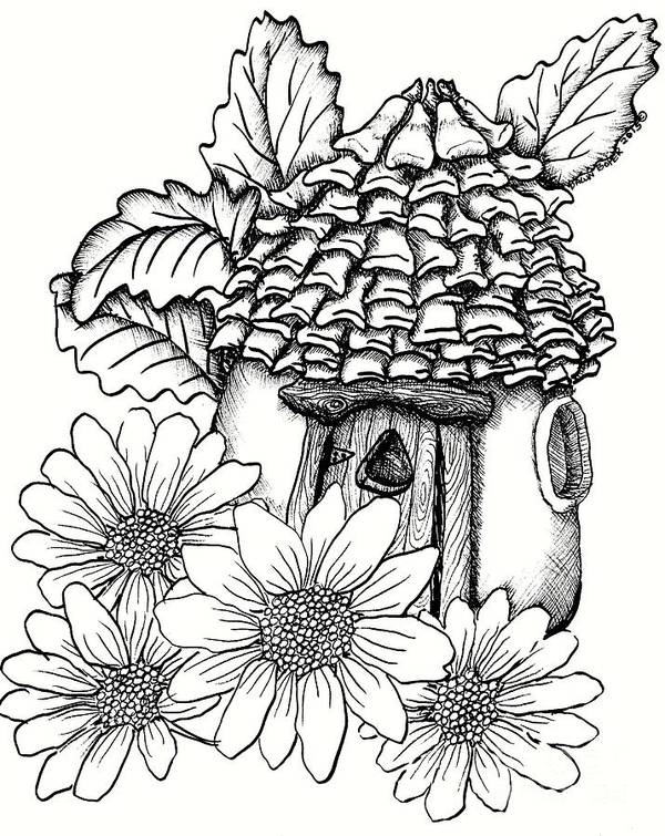 Fairy house with pine cone roof and daisies art print by dawn boyer