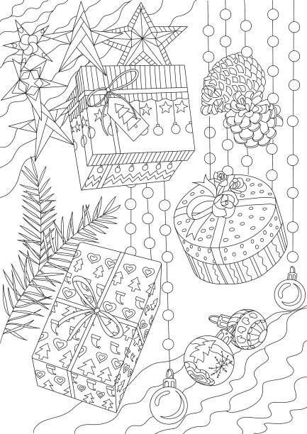 Coloring page outline of cartoon christmas ornaments and gifts stock illustrations royalty