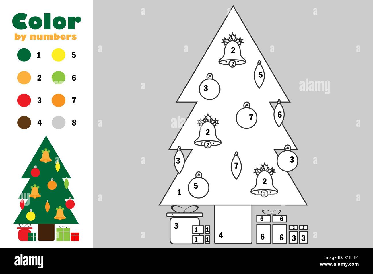 Xmas tree in cartoon style color by number christmas education paper game for the development of children coloring page kids preschool activity p stock vector image art