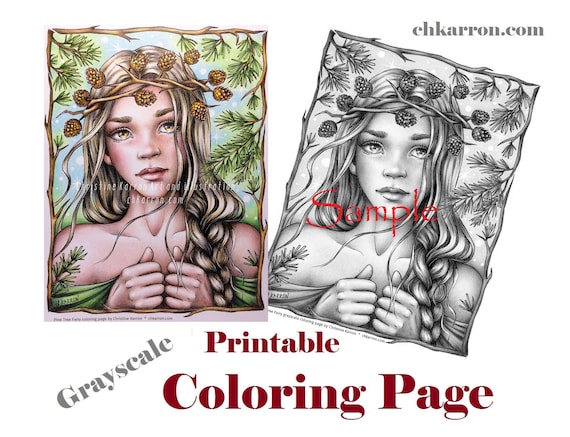 Grayscale coloring page pine tree fairy illustration instant download printable file