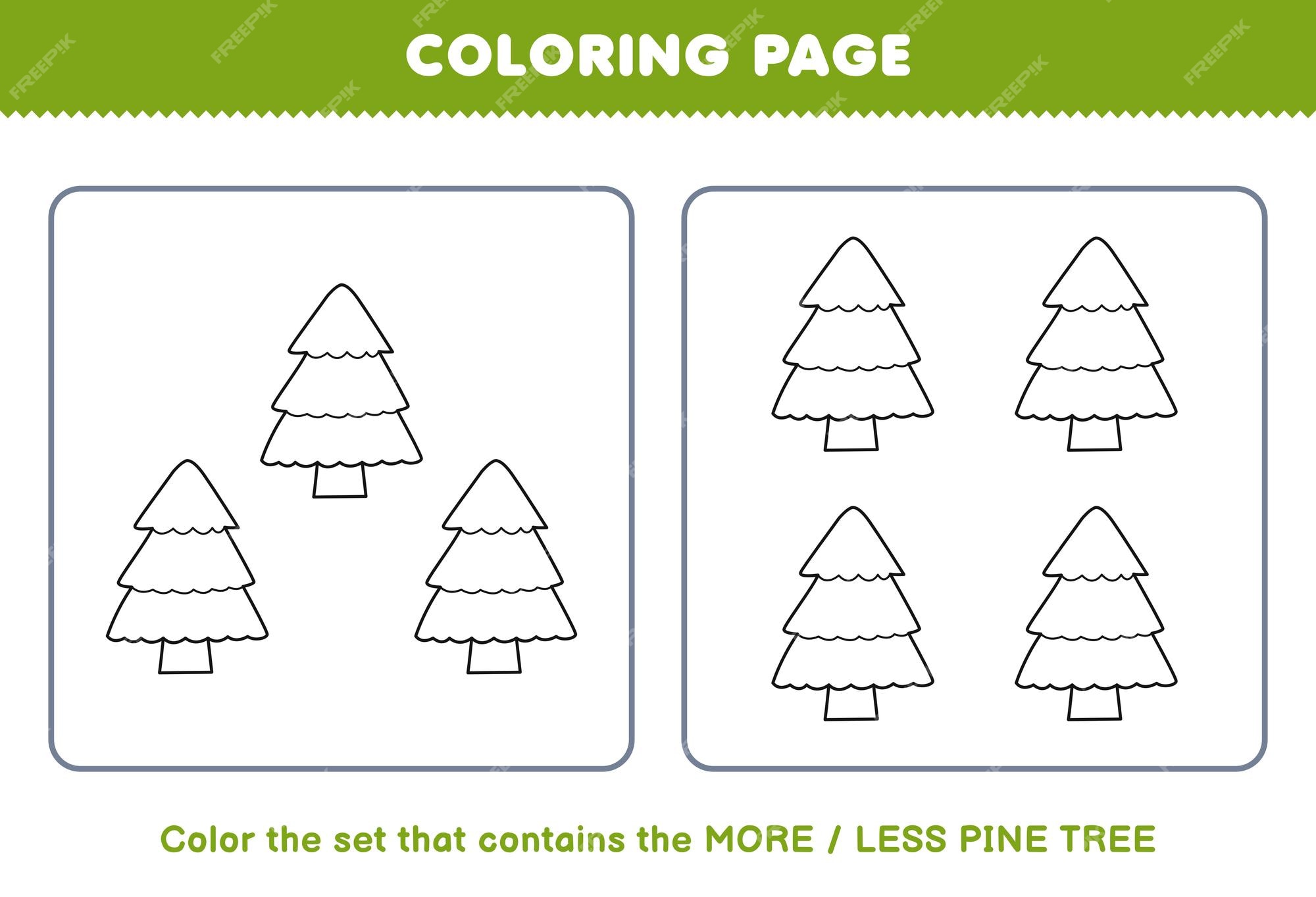 Premium vector education game for children coloring page more or less picture of cute cartoon pine tree line art set printable winter worksheet