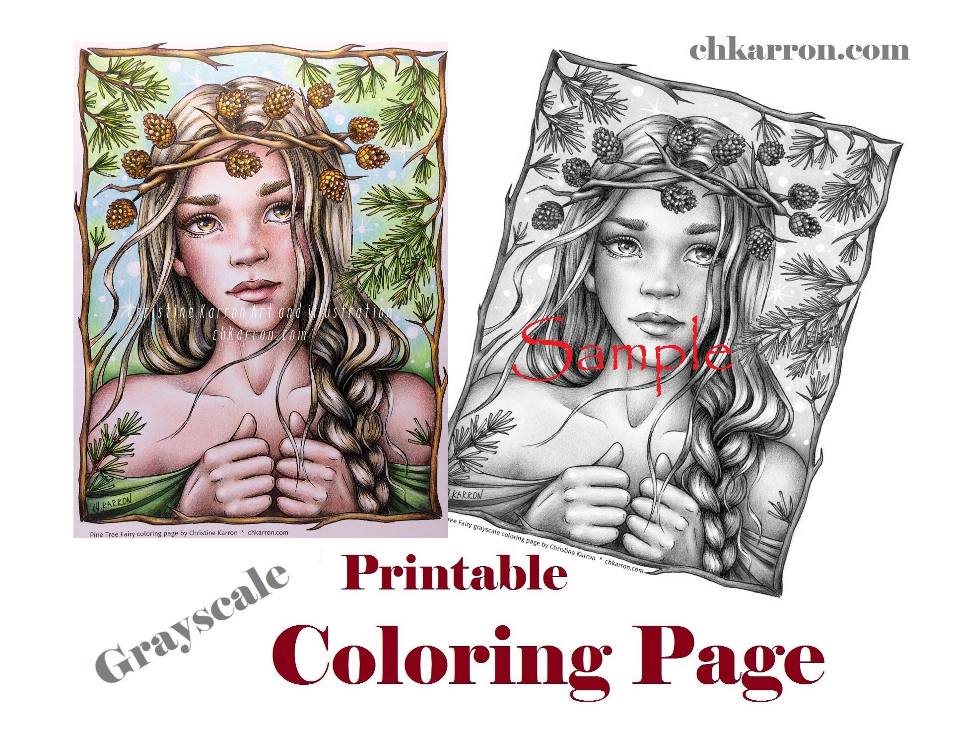 Grayscale coloring page pine tree fairy illustration instant download printable file