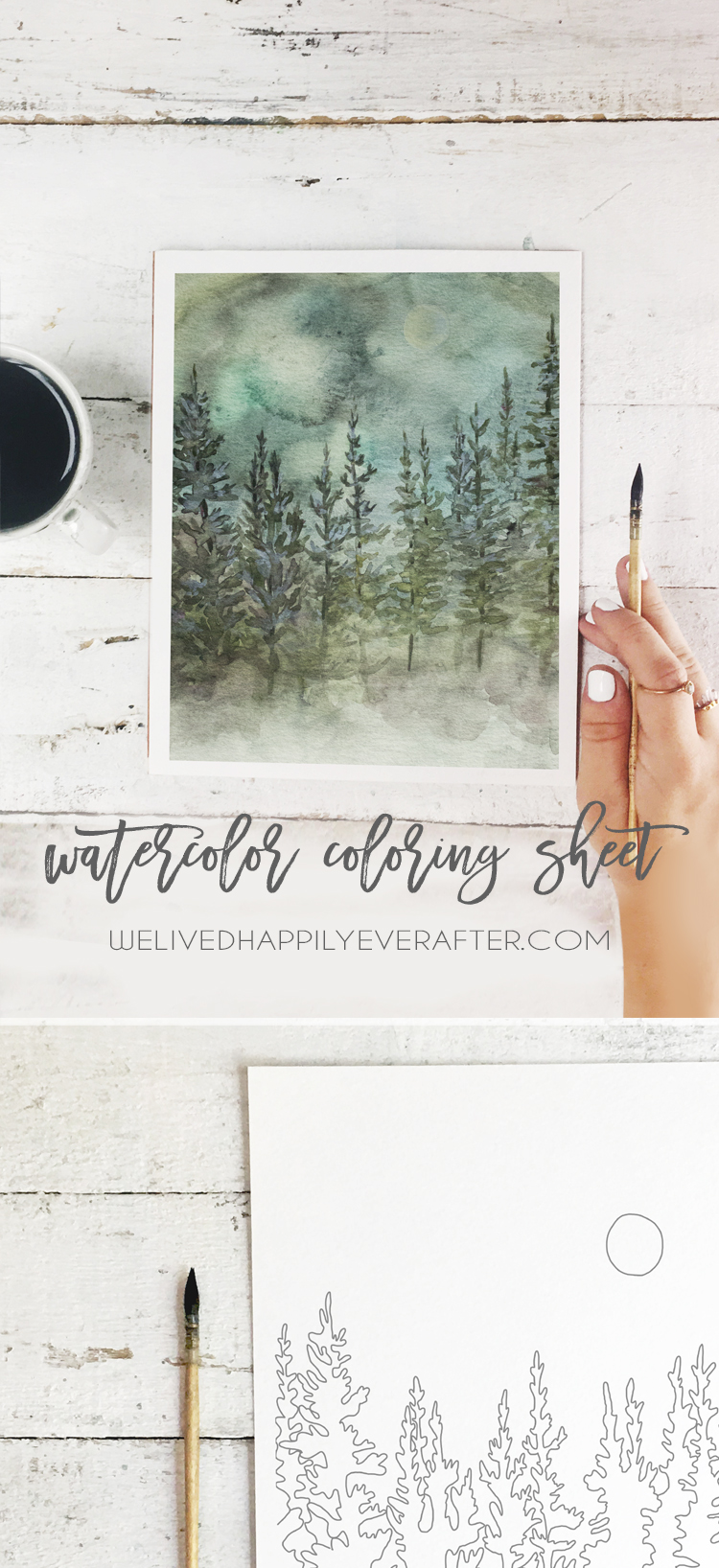 Free forest pine tree watercolor adult coloring book page sheet we lived happily ever after