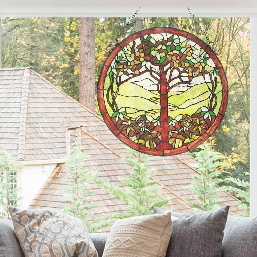 River of goods green tree of life stained glass window panel