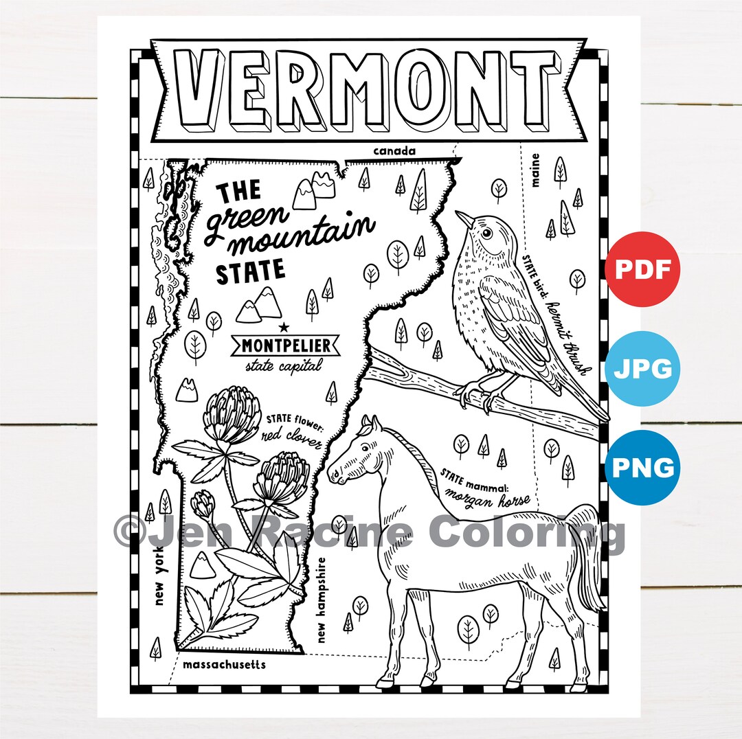 Vermont coloring page united states state map wildlife state symbols flowers coloring pages instant download
