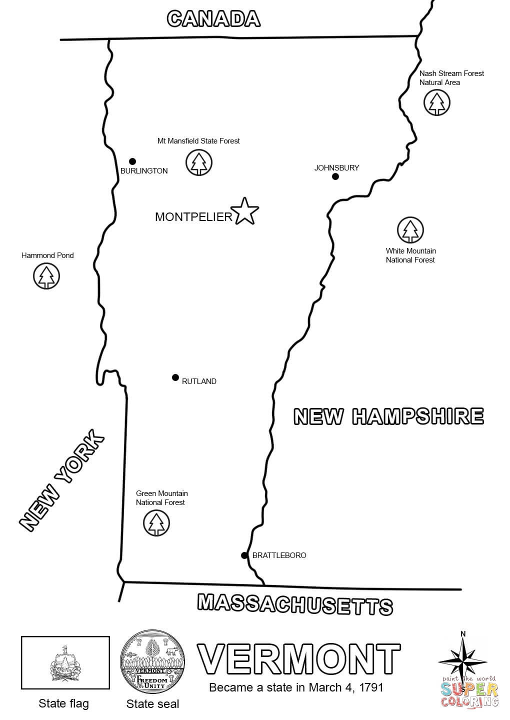 Vermont state map coloring page free printable coloring pages