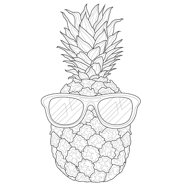 Premium vector pineapple in glasses coloring book antistress for children and adults illustration isolated on white background