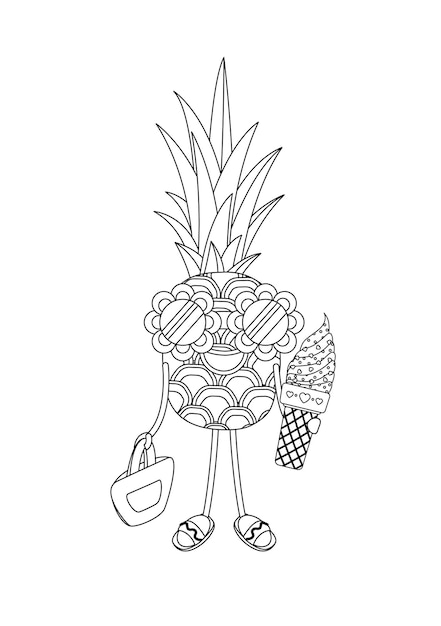 Premium vector coloring page with cute pineapple character with ice cream and sunglasses outline vector