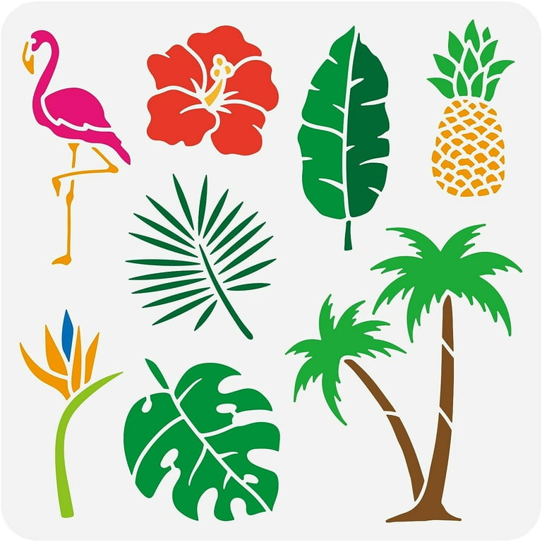 Tropical coconut tree stencil xinch reusable tropical leaves pineapple flamingo flower pattern template summer theme animal plant stencil for painting on wall wood furniture