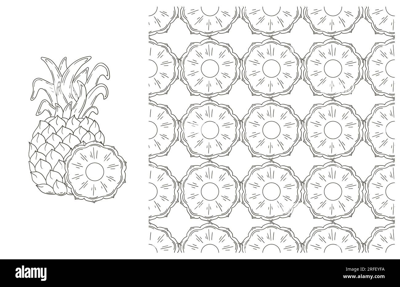 Coloring pattern with tropical fruits set in hand draw style pineapple stock vector image art