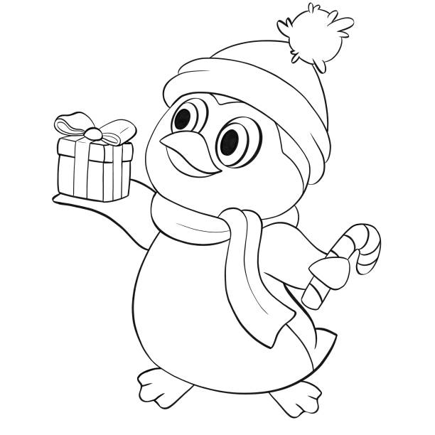Coloring book penguin with christmas gift stock illustrations royalty