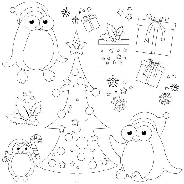 Coloring book penguin with christmas gift stock illustrations royalty