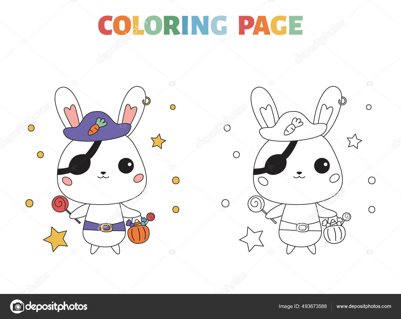 Halloween coloring page with cartoon bunny in pirate costume kawaii animals educational game for preschool kids outline vector illustration for coloring book stock vector by kristina