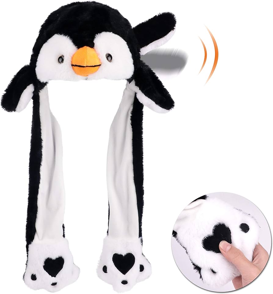 Hopearl penguin hat with ears moving jumping pop up beating hat plush holiday cosplay dress up funny gift for kids boys girls black toys games