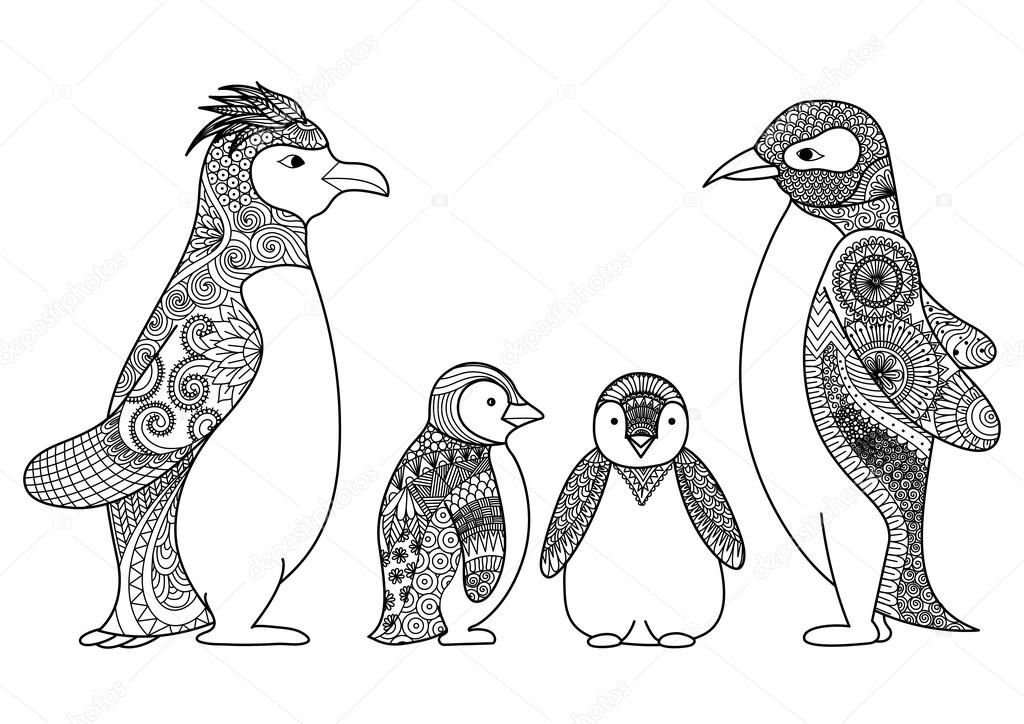 Diseão de arte de lãnea de la familia de pingãinos para colorear libro para adultos t