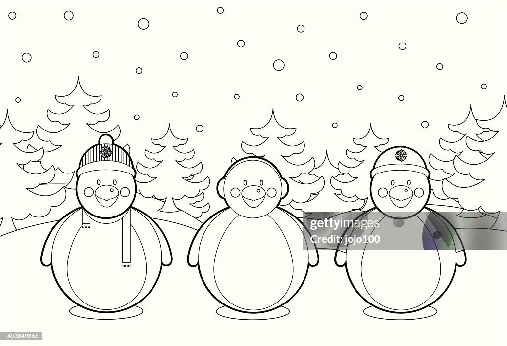 Three colour in penguins winter scene high