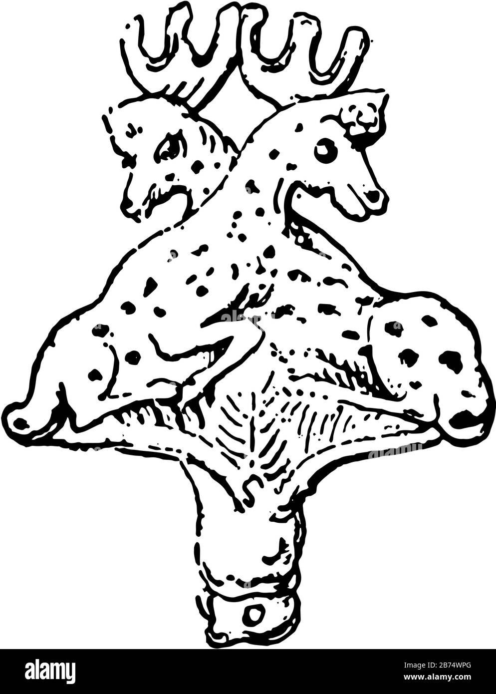Pinhead formed of two stags lying down vintage line drawing or engraving illustration stock vector image art