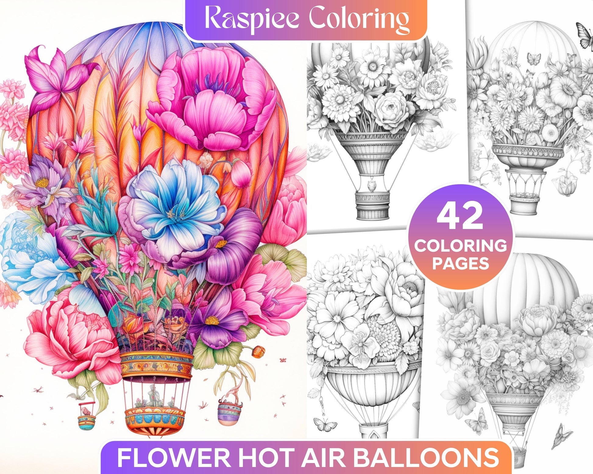 Flower hot air balloons grayscale coloring pages printable for adul â coloring