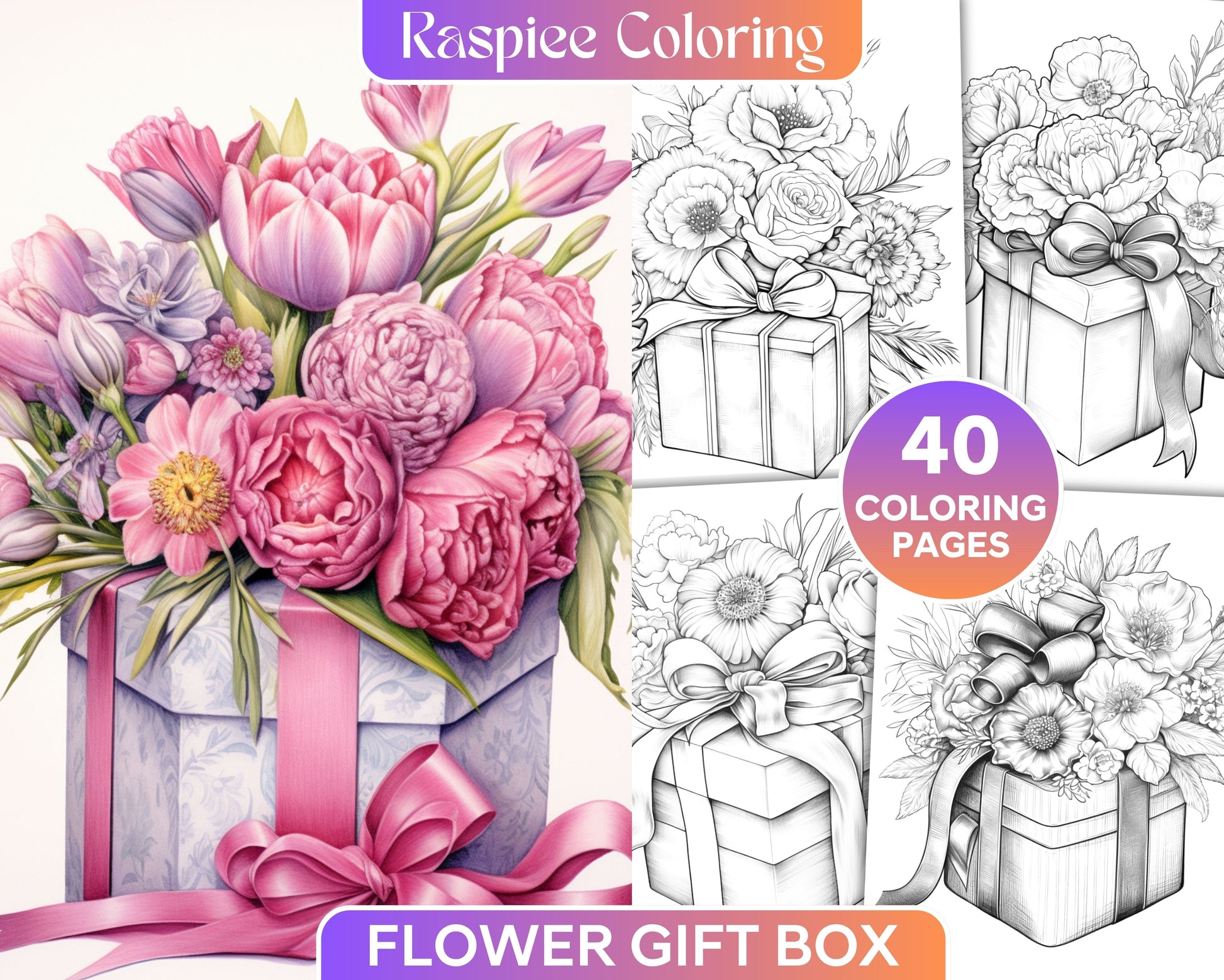 Flower gift box grayscale coloring pages printable for adults kids â coloring