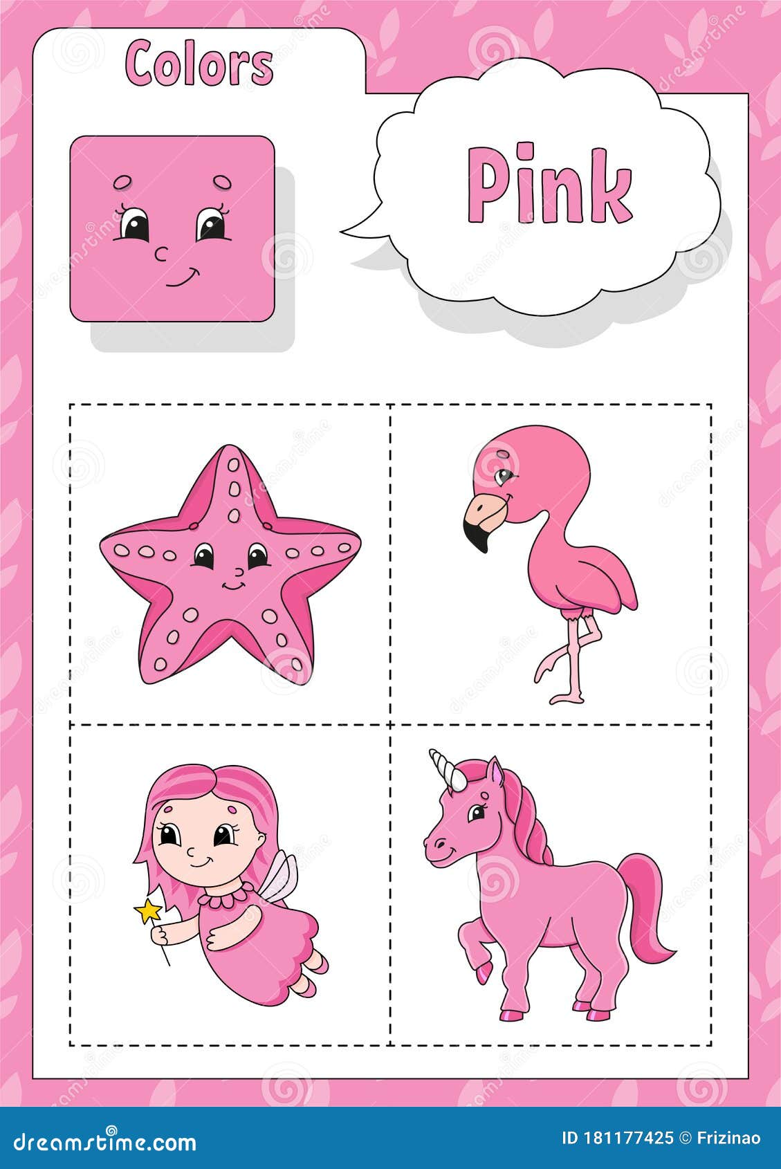 Learning colors pink color flashcard for kids cute cartoon characters picture set for preschoolers education worksheet stock vector
