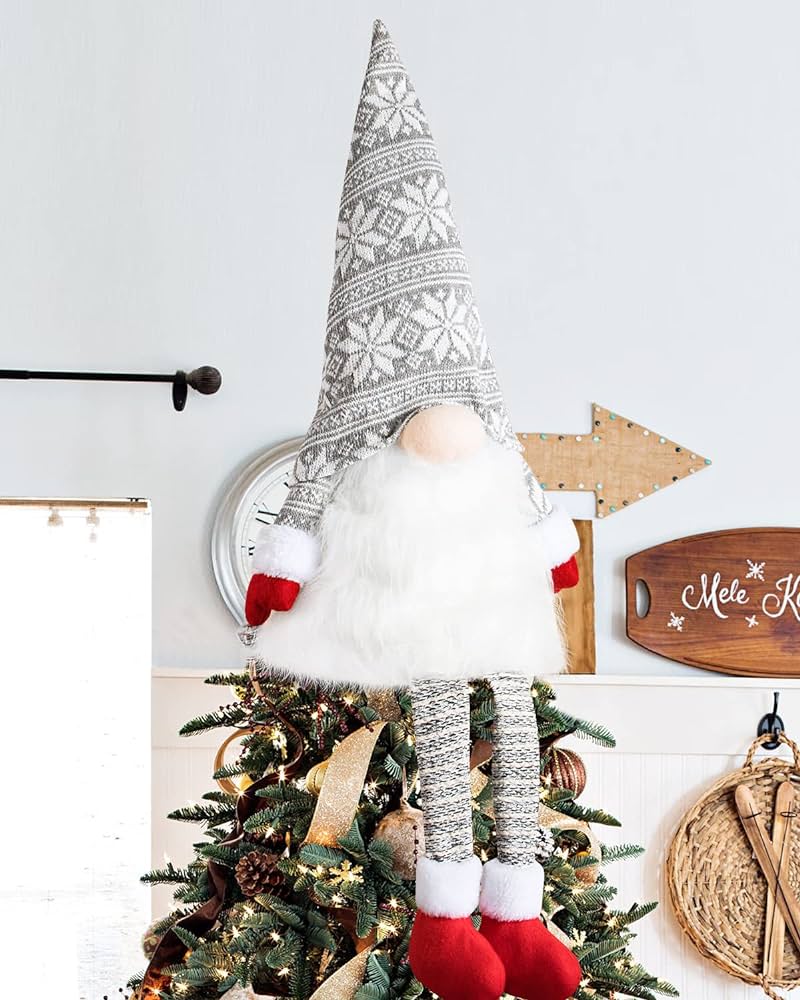 Ywlake christmas tree topper large tomte gnome santa ornaments inch plush gnome with high hat and legs for xmas tree home fireplace table ornaments decorations grey home kitchen