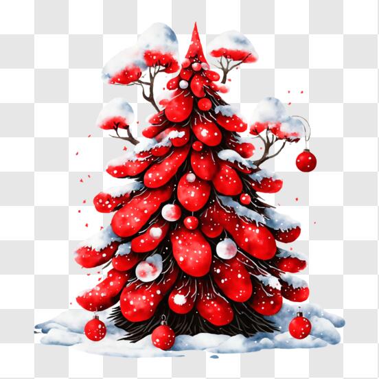 Download festive red christmas tree covered in snow and ornaments png online