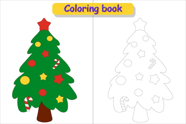 Premium vector childrens coloring book christmas tree picture in color and without color