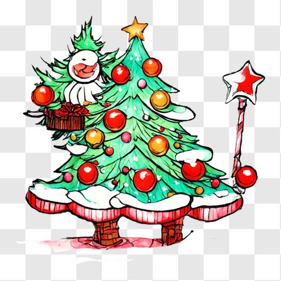 Download cartoon snowman on decorated christmas tree png online