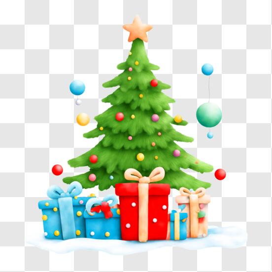 Download festive christmas tree with presents and balloons png online