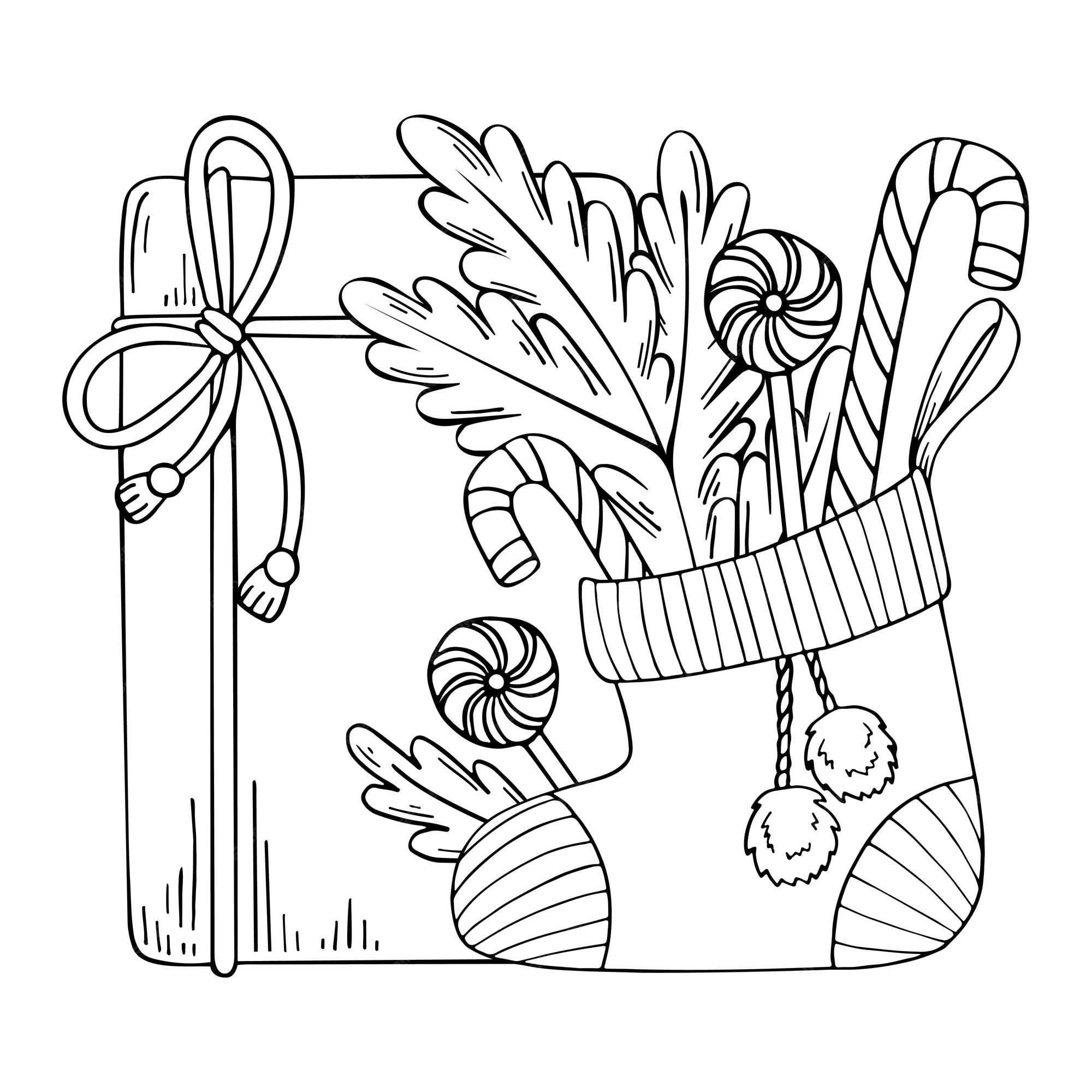 Premium vector christmas sock vector coloring page festive gift boxes lollipops spruce branches hand drawn line art winter illustration happy holiday coloring book for children and adults