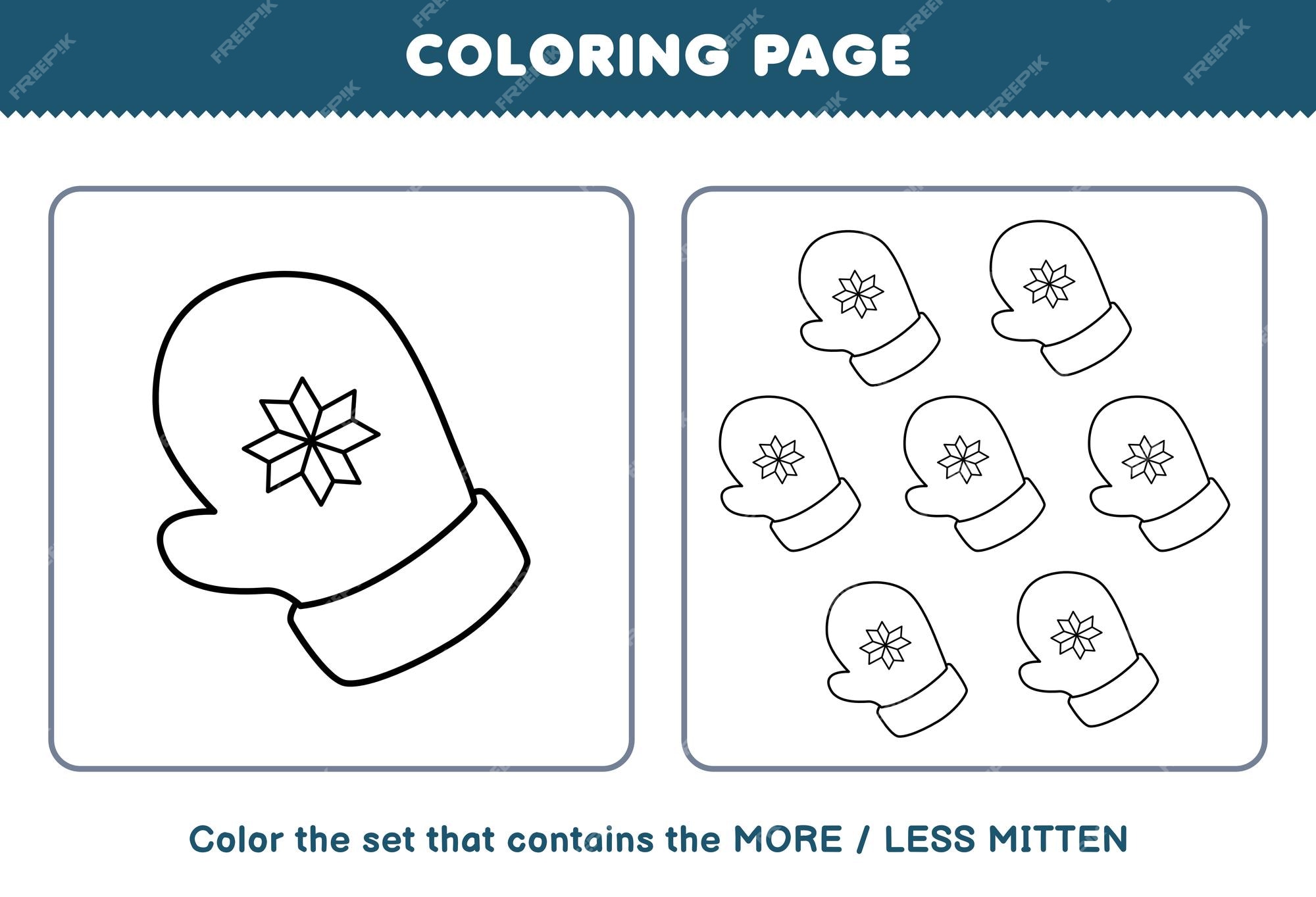 Premium vector education game for children coloring page more or less picture of cute cartoon mitten line art set printable winter worksheet