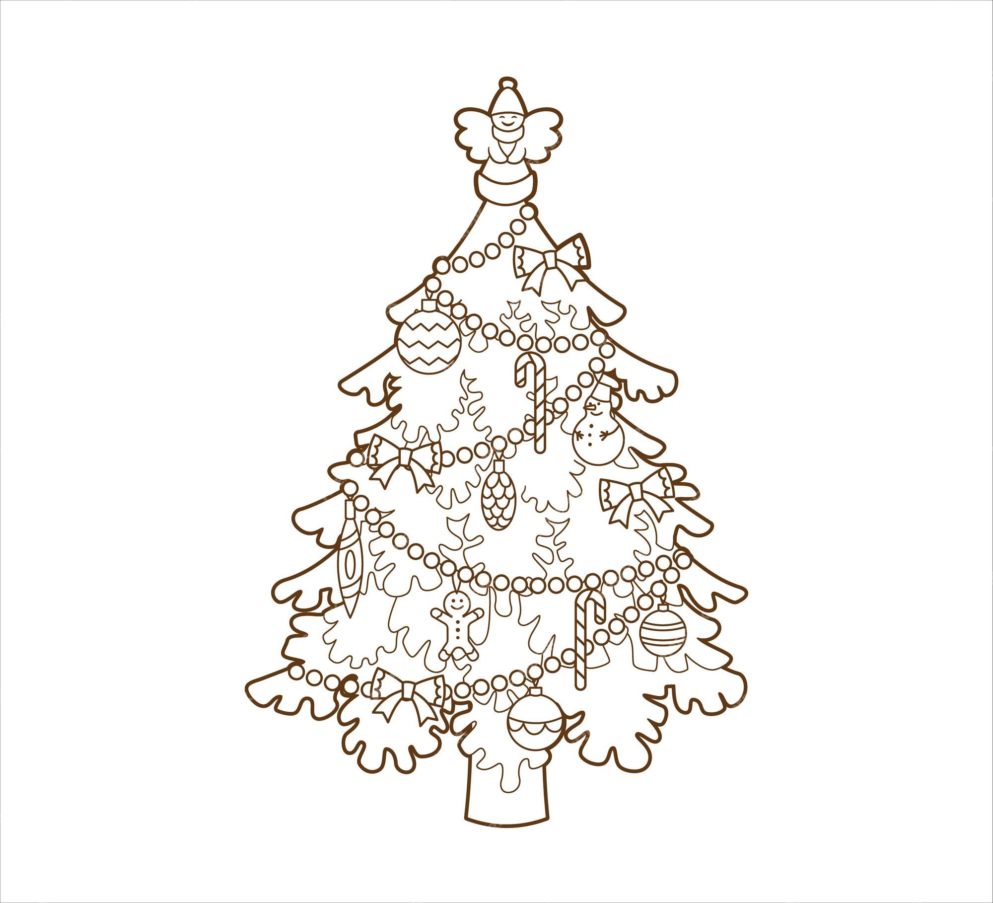 Premium vector coloring book christmas decorated tree with an angel figurine on topsweets christmas ballsvector