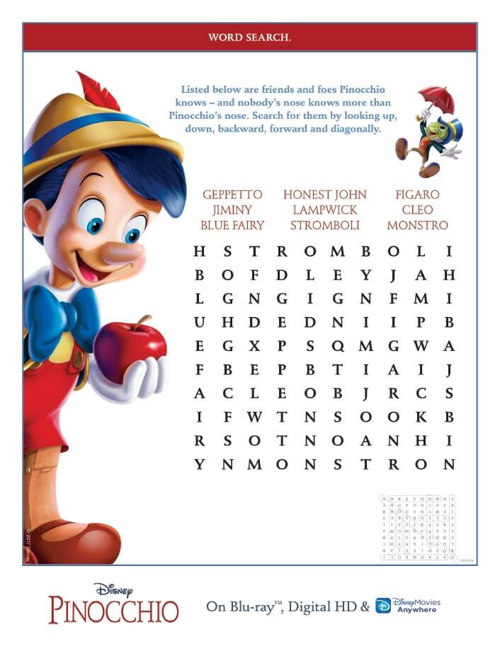 Pinocchio coloring pages and activity sheets